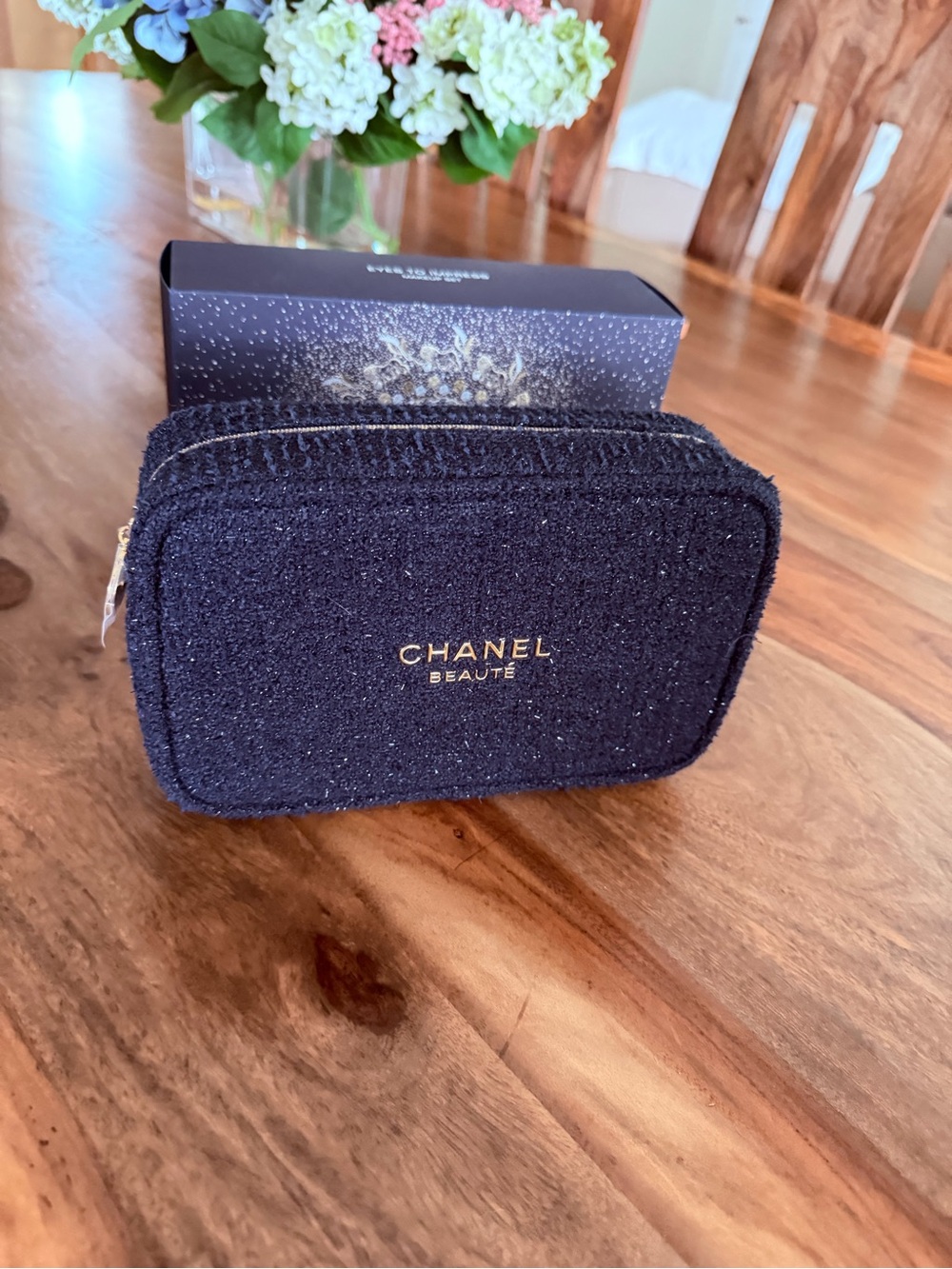 New CHANEL Beauté Black Tweed Travel Pouch with Gold Logo